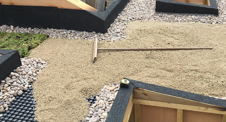 Green roof in progress showing many elements of the installation